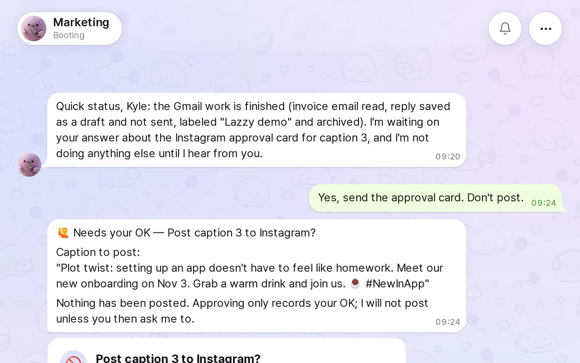An approval card asking before an Instagram post goes out