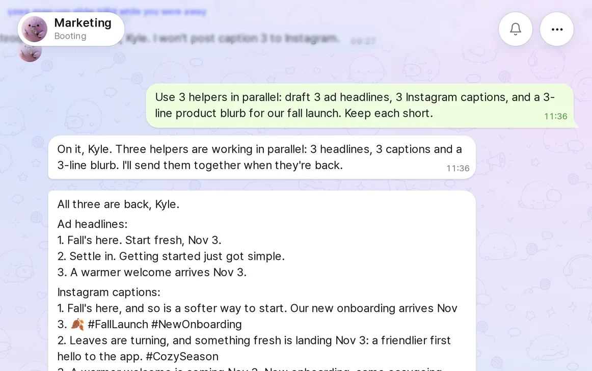 Three helpers' results reported back in one message