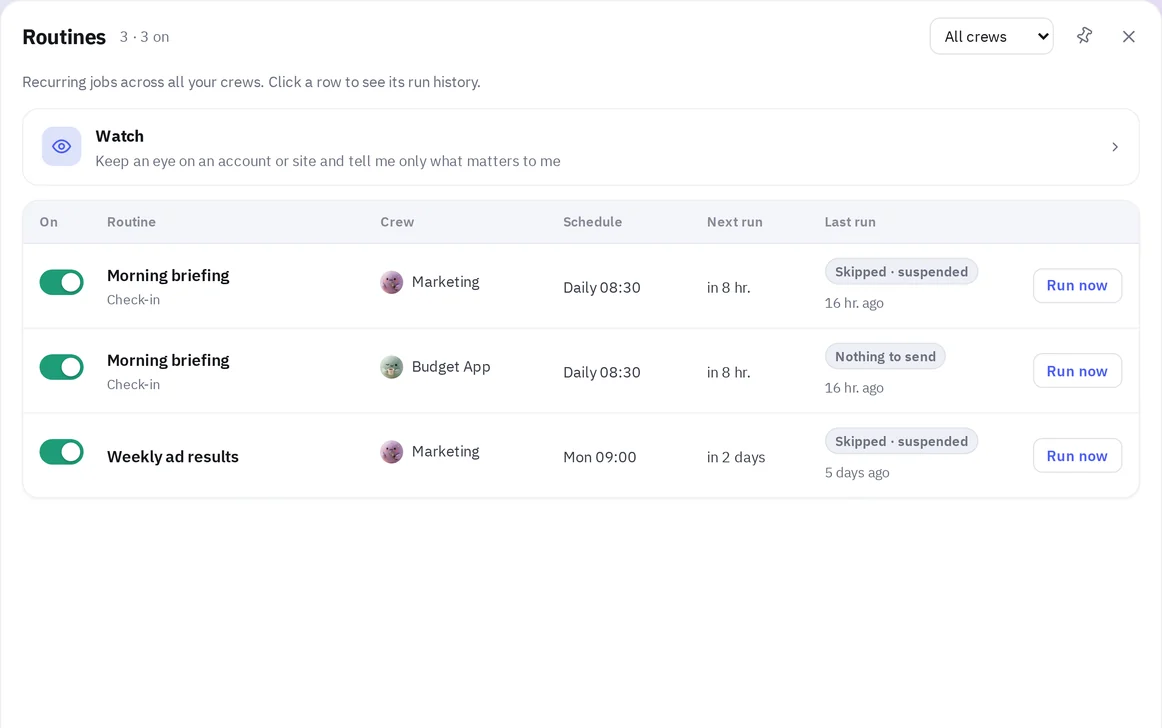 The routines list with a morning briefing and weekly ad results