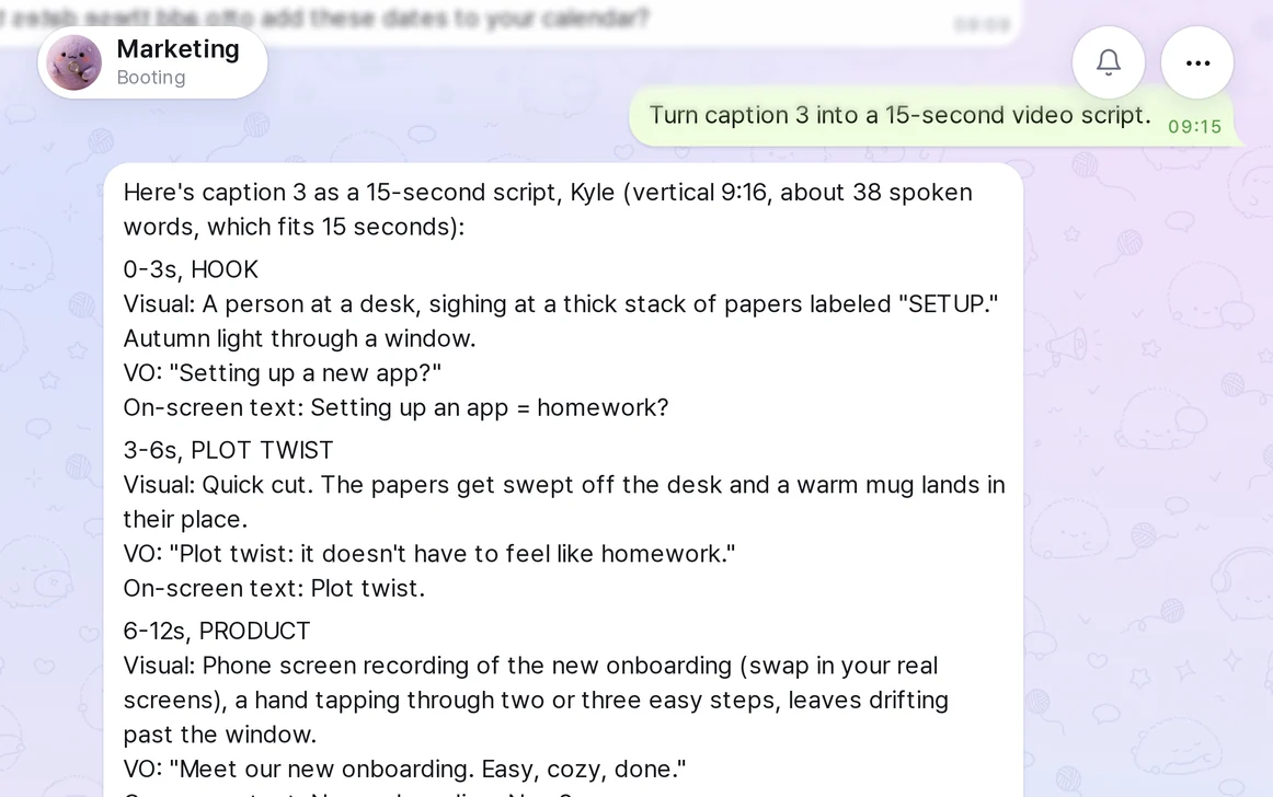A crew writing a video script in chat