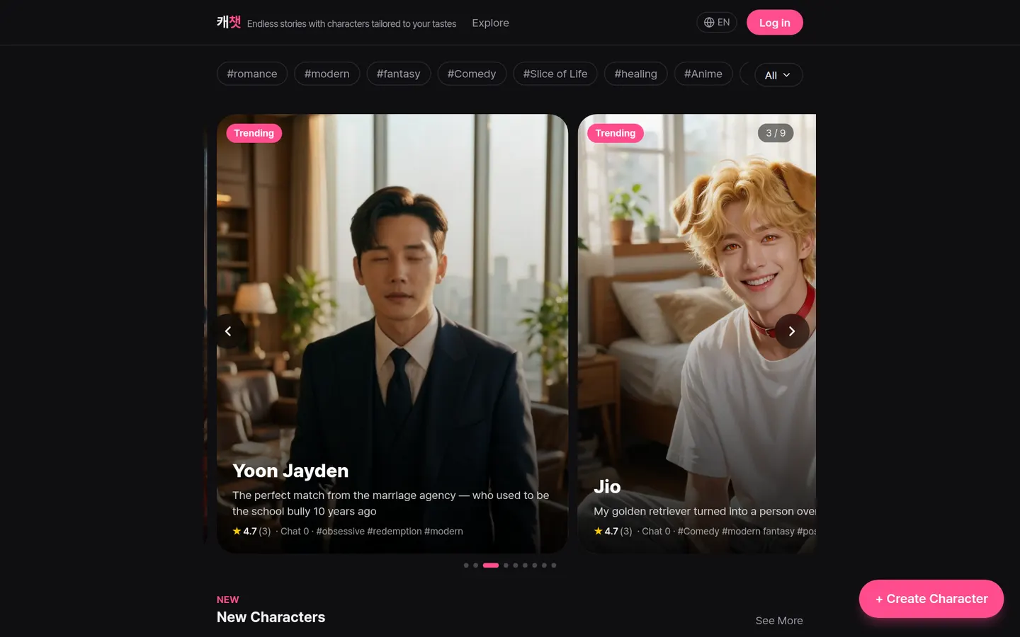 KaeChat home screen with trending characters
